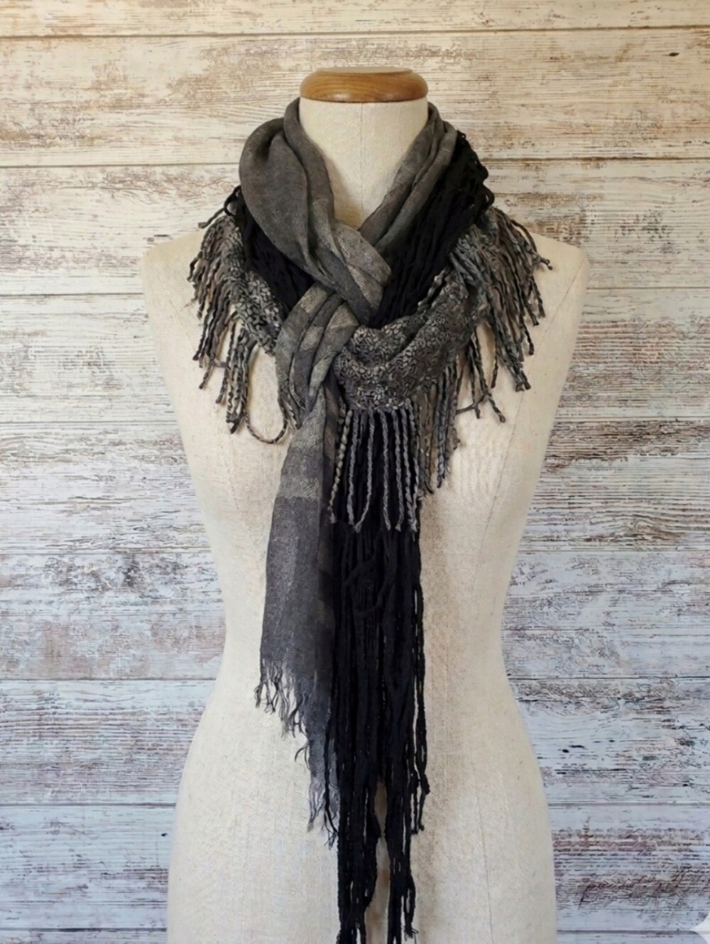 3pc Scarf Set Black Crochet Triangle - Striped Linen Rectangle - Fringe Cowl